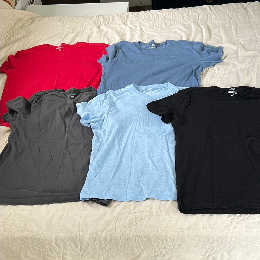 Set of Five T-Shirts in Red, Blue, Gray, and Black